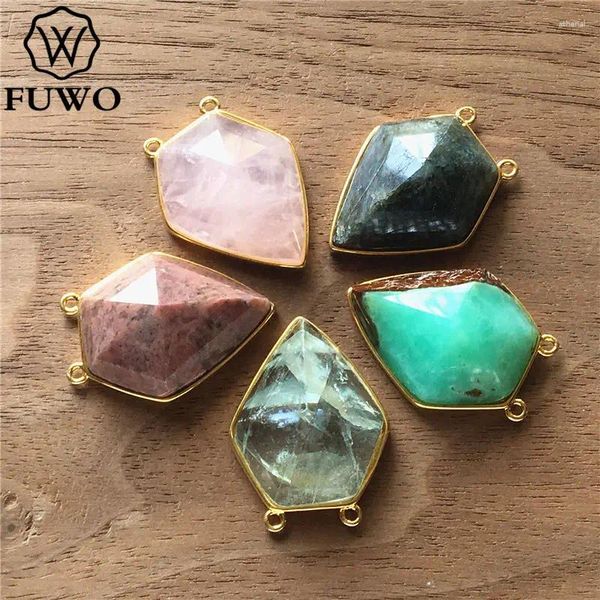 Colares pendentes Fuwo Gancho duplo de escudo de pedra natural com fluorito de quartzo rosa de moda aparado de ouro para colar PD237