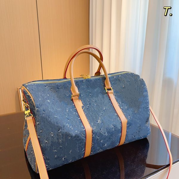 Top articular 45 cm Classic Denim Fabric masculino Bolsa de viagem feminina Bolsa de couro PVC Men Bolsa de couro grande