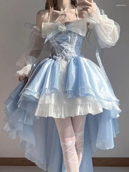 Lässige Kleider blau Lolita hängende Nacken trägerloser Kleid Frauen vorne kurz und hinten lange Vestidos große Bogenblume Prinzessin