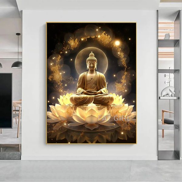 Stitch 5D Diamond Art Painting Gold Buddha Статуя Мозаика Лотос Ландшафтная вышивка комплект поперечная религиозная украшение для дома для дома