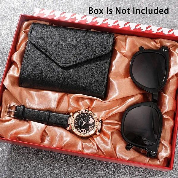 Нарученные часы 3PCS SET Women Watch Heart Dial Design Watch Black Leather Band Ladies Simple Casual Quartz Женские часы