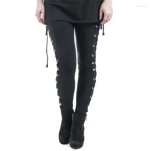 Leggings femininas góticas punk skinny gancho renda para mulheres altas ascendes longas calças laterais de metal preto bodycon sexy calça