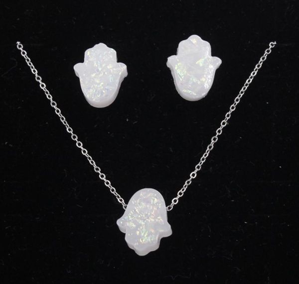 Fnixtar feuerblau Opal Hamsa Handschmuck Sets für Frauen Halskette Anhänger Ohrringe OP Schmuck Set Geschenk 3 Set LOT2993940