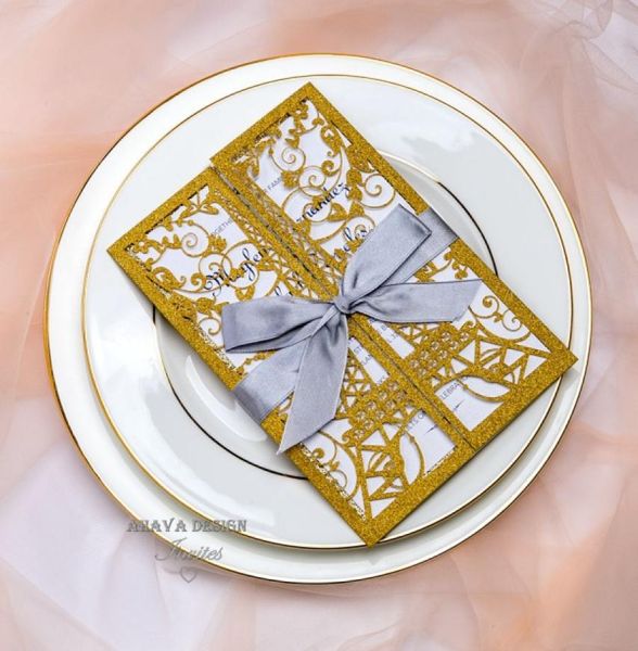 Элегантный блеск золотой лазерный вырез Эйфелева башня свадебные пригласительные карты приветствуют карту с лентой и конвертом 9790894