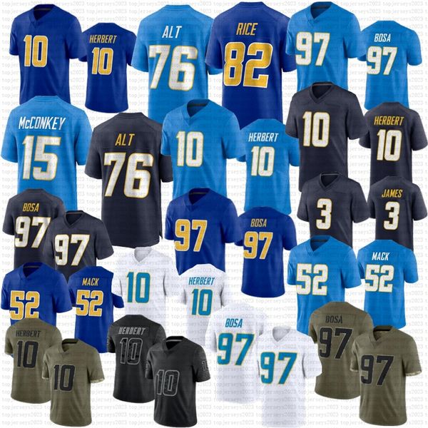 2024 New Joe Alt Justin Herbert Football Trikot Khalil Mack Joey Bosa Derwin James Ladd McConkey Brenden Rice Tomlinson Fulton Junior Seau Dicker Trikots genäht