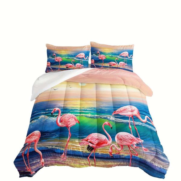 Duvet Cover 3PCS Fashion Hawaii Urlaubsstil Pink Wild Flamingo Print Bettwäscheset, weiche komfortable hautfreundliche Schlafzimmer-Quilt, Gästezimmer (1 Quilt + 2 * Kissenbezug, kein