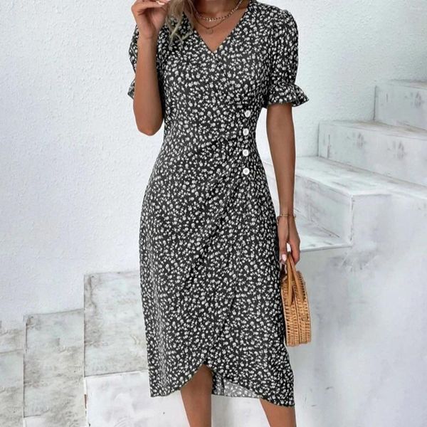 Abiti casual Donne Donne Abito a maniche corte 2024 Summer Vintage Floral Stampa una linea irregolare Holiday Beach Axe