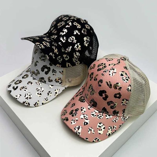 Caponi a sfera Nuove donne Bronzing Leopard Stampa Cappelli da baseball a croce incrociata Mesh Mesh Truccante del sole traspirante versatile CS Fashion Washed J240506