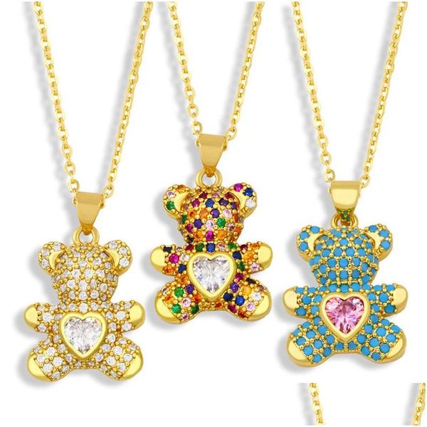 Colares pendentes Love Heart Teddy Bear 18K Gold Bated Out Cz Fashion Party Jewelry Gift Women Women Cubic Zirconia Rhinestone Anima Dh4hi