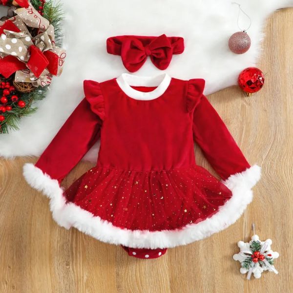 Elbiseler Noel Bebek Kırmızı Romper Elbise Yeni doğan bebek kız kadife fırfır örgü yıldız parıltı elbiseler kafa bandı Toddler Noel 2pcs kostümler