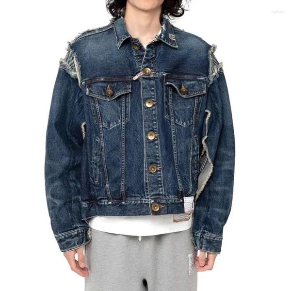 Erkek ceketler denim kesim patchwork sıkıntılı ceket gevşek mavi ceket hip hop rahat kovboy