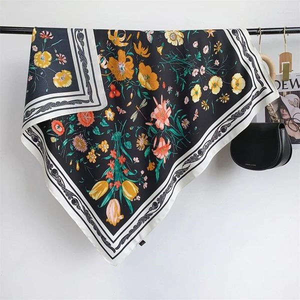 Lenços 90 90 cm de imitação de lenço floral vintage de seda xale de seda fino protetora solar de vela solar bandana de bolsa de bolsa externa