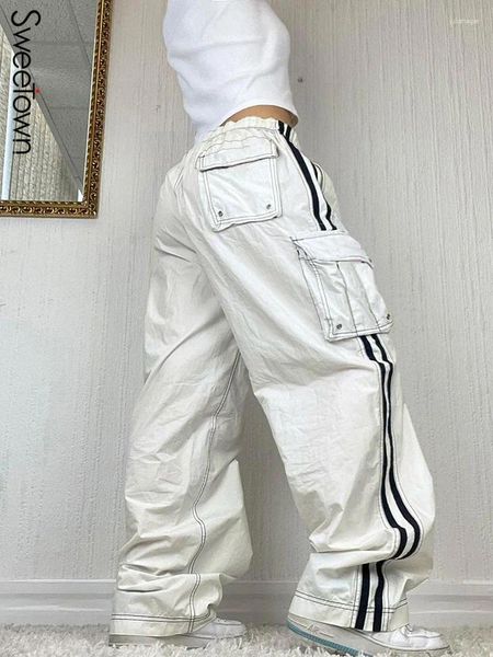 Женские джинсы белая прямая нога свободно подходит для женских грузовых боковых полос с низкой талией карманы уличная одежда корейская мода