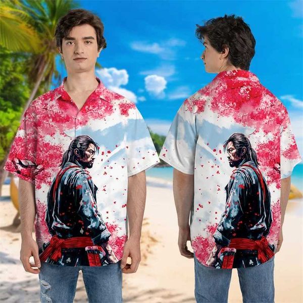 Camicie casual maschile Samurai Warrior 3D Camicie per stampa per uomo vestiti giappone Cherry Blossoms Shirt Beach Beach Harajuku Fashion Generale Short Slve Y240506