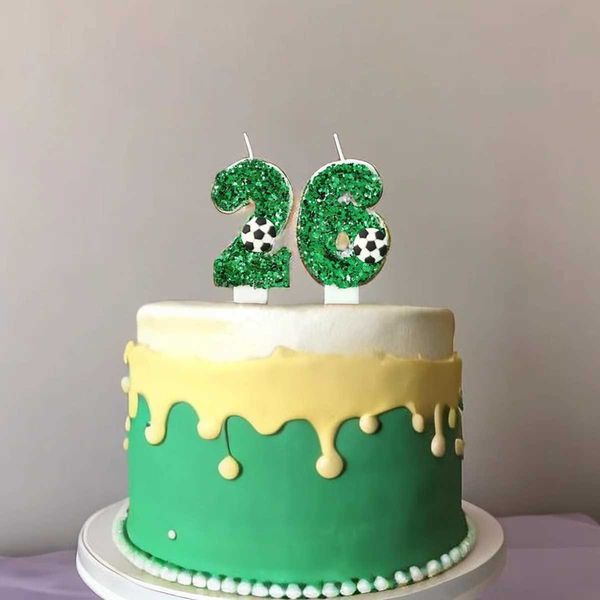 3 pezzi Candele 1pcs Decorazione per torta di compleanno di calcio Football Sparkling Digital Candele Green Cake Topper Baking per feste di matrimonio Decorazione