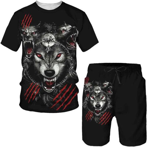 Мужские спортивные костюмы летние мужские спортивные костюмы Wolf 3D Printed Slve Slve Sportwear Fashion Fort Fort Shorts 2 шорты. Повседневный костюм негабаритный мужской набор T240505