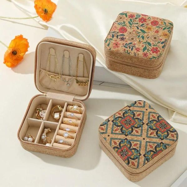 Caschetti di gioielleria scatola di sughero portatile Lightweight Boemia vintage Collana di stoccaggio Fiori di orecchini durevoli Anello