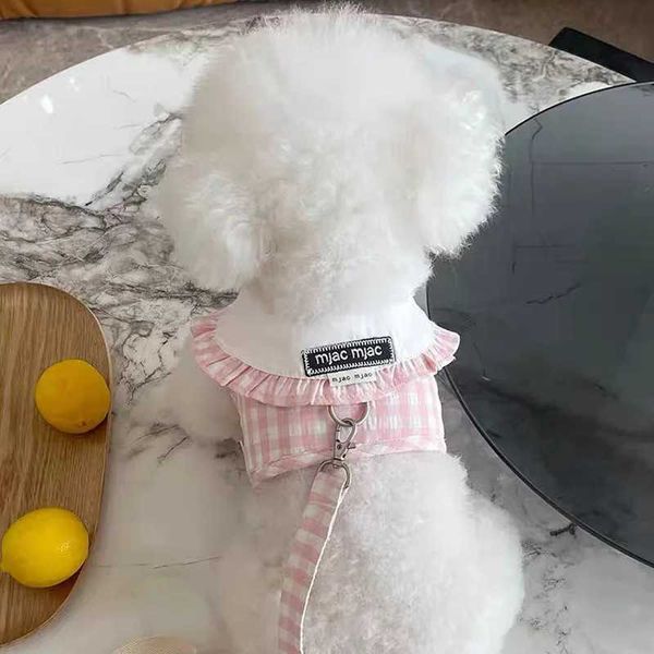 Hundekragen Leine Haustier Revers Plaid Kleidung Sommer atmungsaktives Traktionsseil Teddybär Katze aus dünner Brust Rückengurt und Leine Set H240506