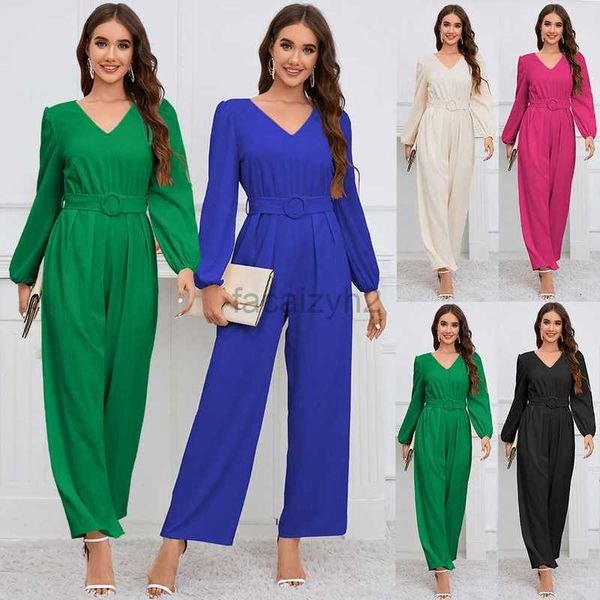 Frauen zweisteuelhafte Hosen Freizeit Vollfarbe V-Ausschnitt Langarm Slim Fit Temperament gerade Bein Langer Hosen Jumpsuit Gürtel Neue Style Plus Size Zwei-Stück-Sets