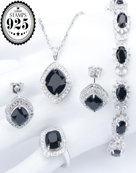 Silber 925 Kostüm Hochzeit schwarzer Zirkon Schmucksets für Frauen Armbänder Ohrringe Ringe Anhänger Halskette Set Schmuck Geschenkbox9478349