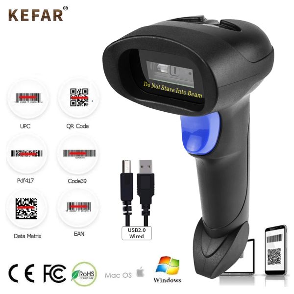 Сканеры Kefar 2D Scanner Scanner Wired 32 -битный портативной CMOS 2D QR -штрих -код чтения PDF417 Сканер для мобильной индустрии PPAYMENT