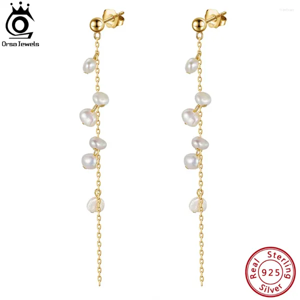 Brincos de Dangle Orsa Jewels 925 Cadeia de Link Sterling Silver Link com Drop Pearl de Água Doce para Mulheres Personalidade Stud GPE08