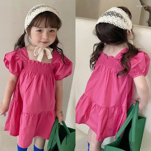 Vestidos de menina 3-8t verão criança garotas vestem manga bafada de punho de pescoço de pescoço quadrado casual crianças crianças princesas vestidos