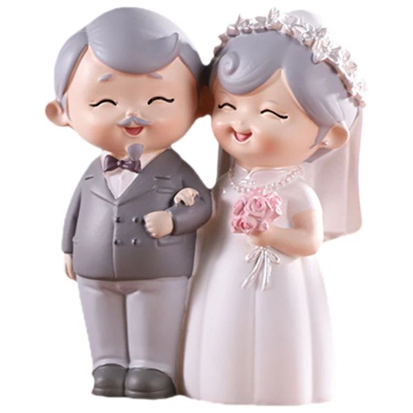 Miniaturas Casal estátua de casamento idosos Felizs Fatuagens Toppers Avós adoram bolos de escultura com idade velhos pais A noiva