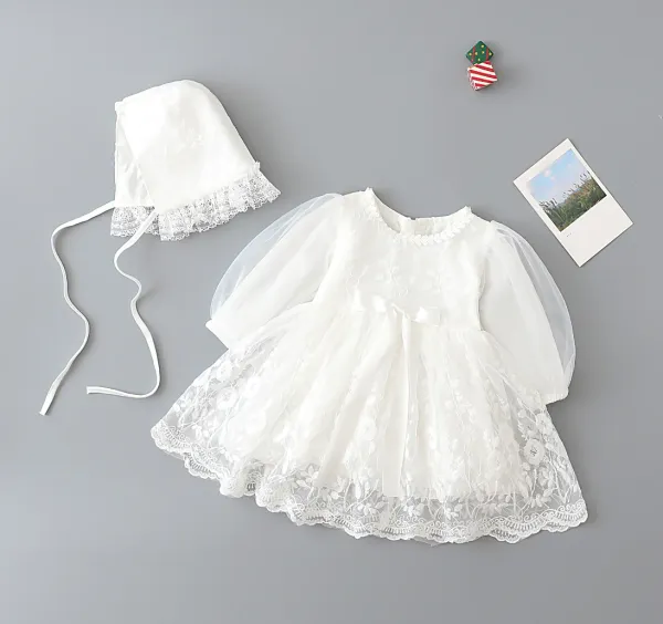 Kleider 1. Geburtstagsfeier Kleider für Mädchen Neugeborene Herbst Weiße Spitze Prinzessin Baby Taufe Kleid mit Hut Infant Taufen Ballkleider