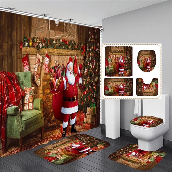 Cortinas Feliz Natal Christmas Red Bow Poster Curtain Bathroom Curtains Xmas Festival Decoração Pedestal Tapete da tampa da tampa do banheiro