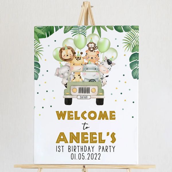 Segno di benvenuto di compleanno Poster Custom Jungle Safari Animals Stampa artistica di tela nordica dipinto per pareti personalizzato Decorazione per feste 240506