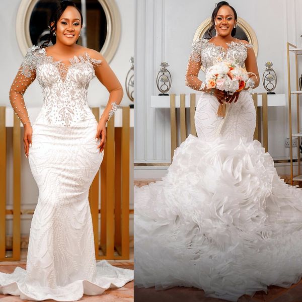 2024 Arabic Aso EBI Plus size avorio abiti da sposa sirena lussuosa abiti da sposa in perline Cristalli di perline Abiti da sposa staccabili abiti da sposa ZJ354