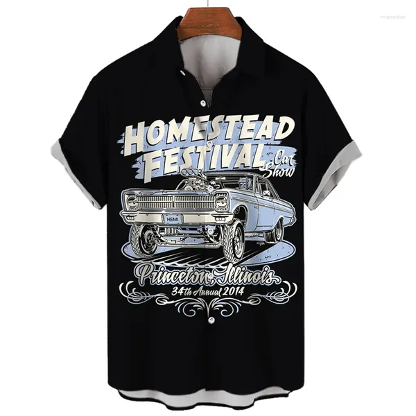 Herren lässige Hemden Vintage Shirt Männer Kurzarm 3D -gedruckte Autokleidung übergroße Streetwear Y2K 2024 für Sommer Freizeit.