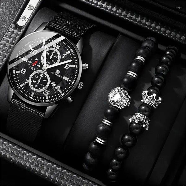 Нарученные часы 3PCS SET MEN BLACK WATCH FADY SPORTS WATCES Luxury Business Big Dial Calendar Quartz.