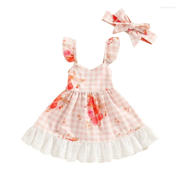 Mädchenkleider Sommerkinder Outfit v Hals Ärmel A-Line Spitzenplaid Cami Kleid Blumenstirnband Kleidung Set