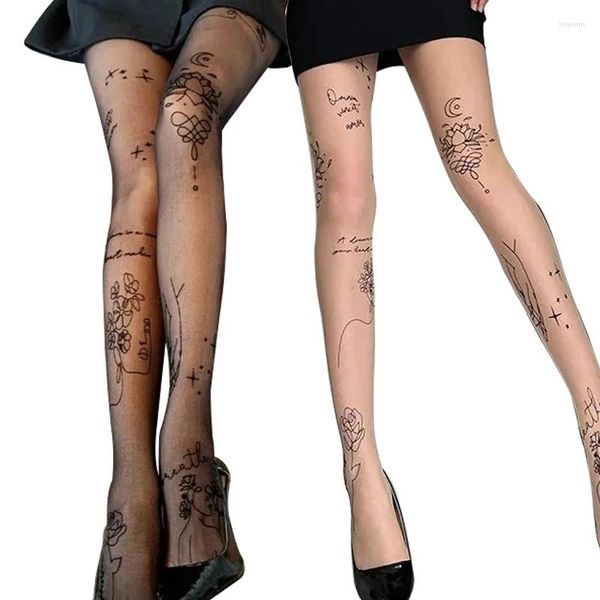 Mulheres meias calças justas sexy com tatuagens estampadas inscrições de meia -calça letra de flores damas finas longas meias pretas longas