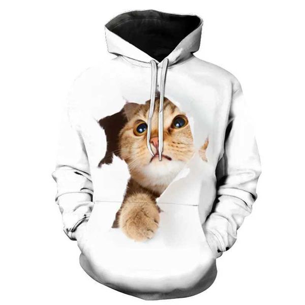 Moletom moletons masculinos Novo moletom de capuz de gato 3D fofo massel com moletom harajuku capuz de outono meninos e meninas animais brancos roupas de rua zíper q240506