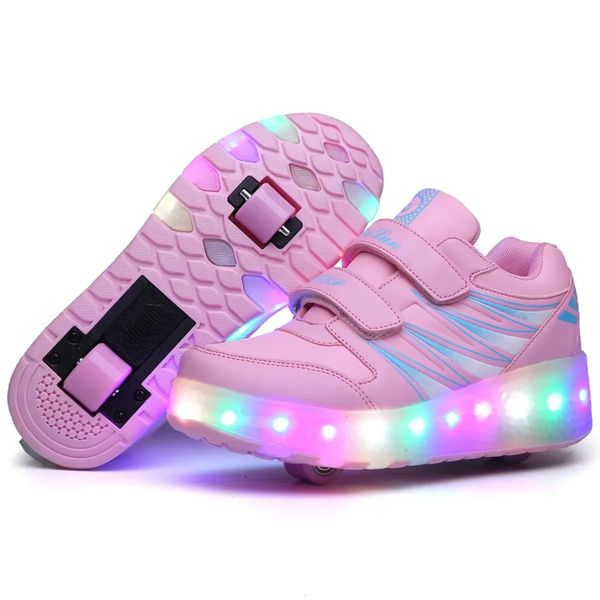 meninos e meninas patins patins reboque sapatos de luz brilhante LED LED CRIANÇAS Moda luminosa esporte Casual Wheelys Sneakers 240429