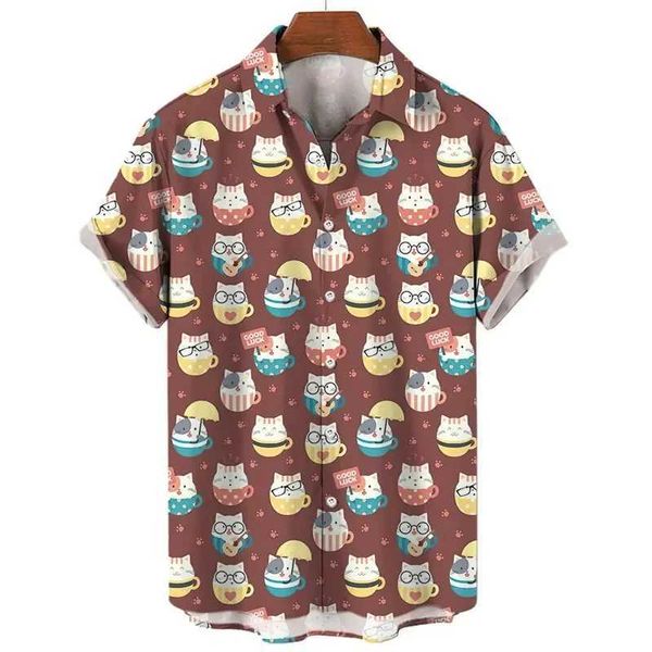 Camicie casual da uomo cartone animato carino gatto 3d camicette stampate per uomo vestiti harajuku hawaian animale grafico camicie da spiaggia divertenti ragazzo corto slve y2k top y240506