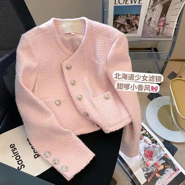 Pembe Koreli Kırpılmış Tweed Ceket Kadın Lüks Bahar Sonbahar Yuvarlak Boyun Tasarım Ceket Bayanlar Ofis Tek Kelime Kelime Vintage Dış Giyim 240506