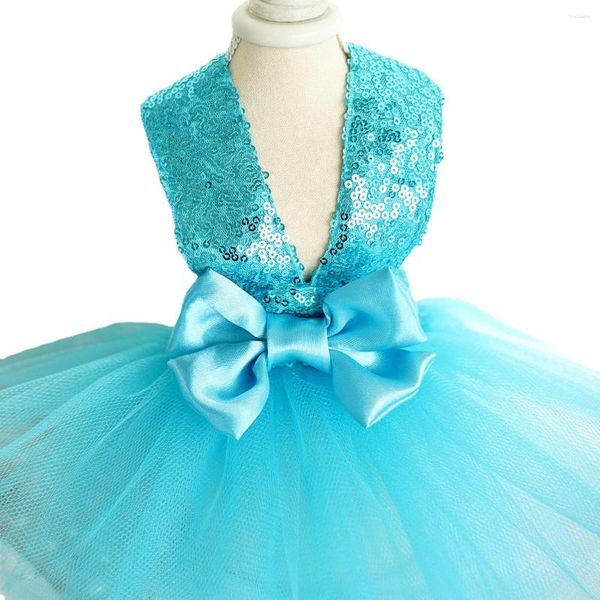 Hundekleidung sexy Kleid für Hunde Satin Tulle Welpe Kleidung Prinzessin Paillette Bowknot Halfer-Röcke Lake-Blue