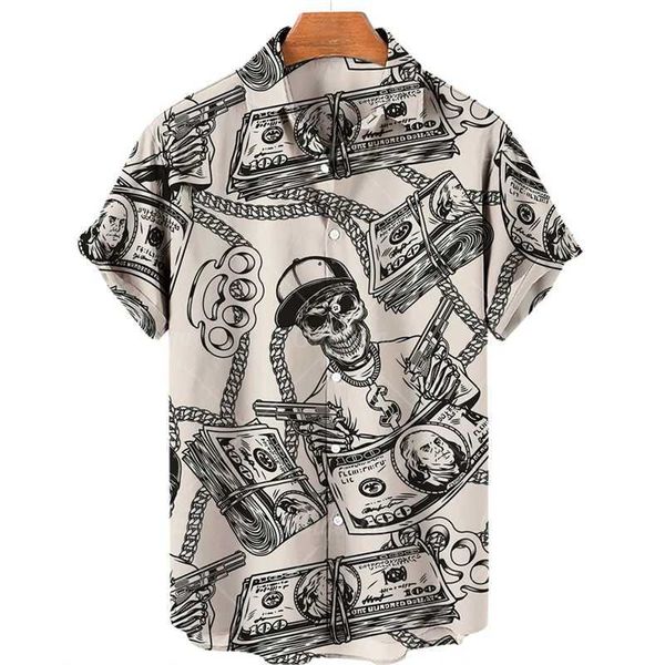 Camicie casual maschile camicie grafiche da dollaro per cranio vintage per uomo abiti punk punk lussuoso camicette stampate in 3d stampare divertenti top maschi hawaiani y2k camicie da spiaggia y240506