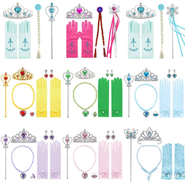 Handschuhe Kinder Prinzessin Party Accessoires Girl Cosplay Kostüm Kit Kinder Kronen Zauberstab Handschuhe Ohrring Ring Halskette Multi -Farbversorgung