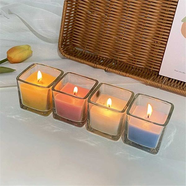 3pcs Candles Candy Color Natural Plant Atment Candles помогает спать клубничная лаванда жасмин роза ароматизированные стеклянные квадратные чашки духов свечи