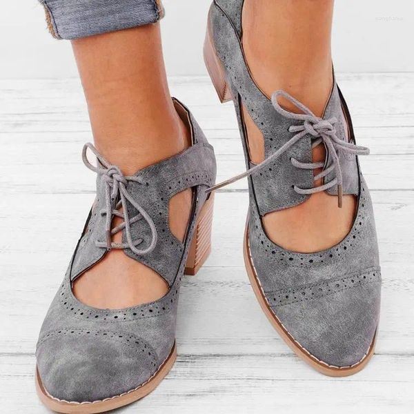 Fitness Shoes Summer Summer Vintage London Brogue Women Lace Up Sandal Chunky High Heels Cut-Outs Feminino Casual calçados mais tamanho 35-43