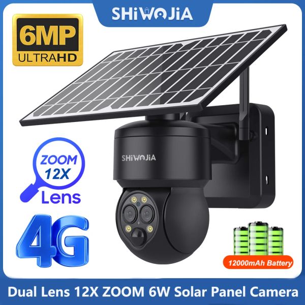 Кормление Shiwojia 6W солнечная панель камеры камеры Wi -Fi/4G SIM -камера Solar Camera 12x Zoom 6MP Dual Lens PIR CCTV Video Acteration Cam