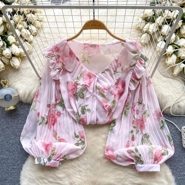 Camicette da donna 2024 Fashion Sweet Flower Stampa di volant camicia in chiffon pieghettata femminile a v-scollo a v-scollo lungo manica lanterna sottile midi boho