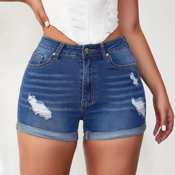 Jeans de short feminino Slimming Spring Summer Summer Moda vintage Bordado oco sólido Rapped Rapped Hem Pants Denim 2024