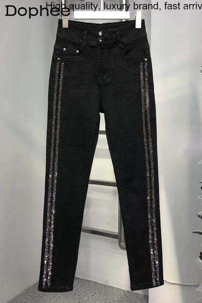 Jeans femminile alto pesante strass in vita cotone elastico per le donne 2024 autunno slim fit slimming nere pantaloni in denim