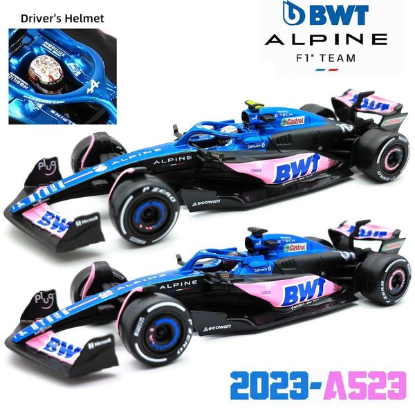 Diecast Model Cars Bburago 1 43 BWT Alpine 2023 A523 Fórmula F1 Dado de carro Coleção de veículos Modelo de corrida Toy acrílico Boxl2405